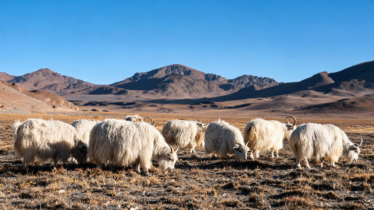 Changthangi pashmina goats with long cream fleece grazing on the high Changthang plateau in Ladakh