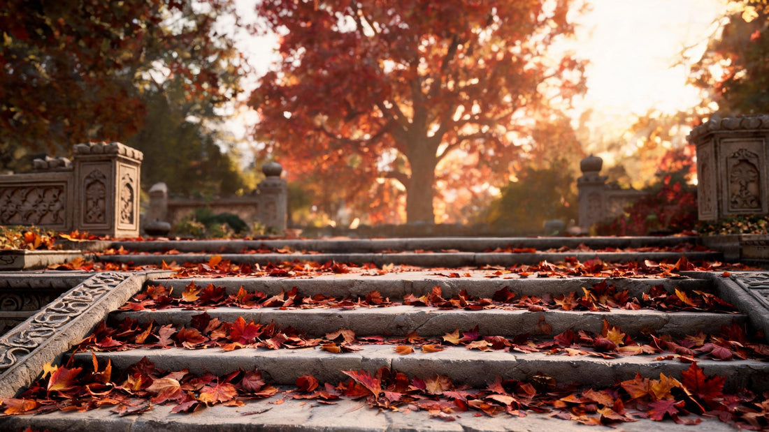 Red and amber autumn chinar leaves on the stone steps of a Mughal garden in Kashmir