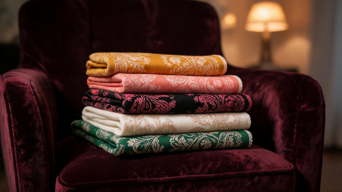 Five folded paisley shawls in saffron, coral, black with magenta, ivory and emerald stacked on a velvet armchair at evening