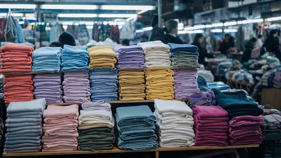 Market stall stacked with brightly coloured mass-produced scarves under fluorescent light