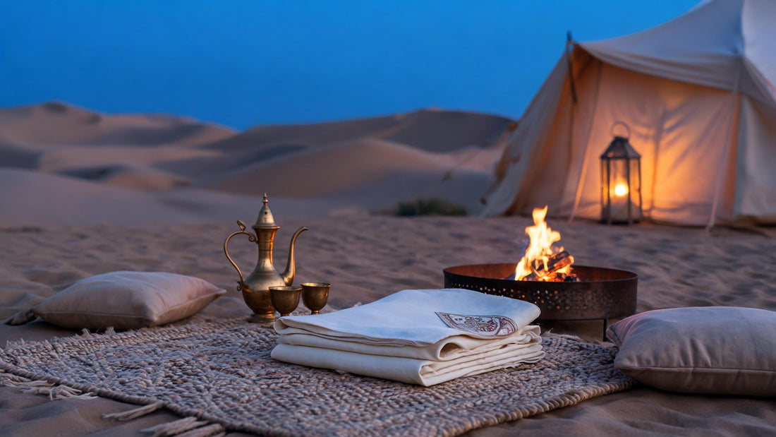 Winter desert camp at blue hour with a lantern-lit tent, a fire pit, a brass dallah and a folded cream pashmina ghutra on a woven rug