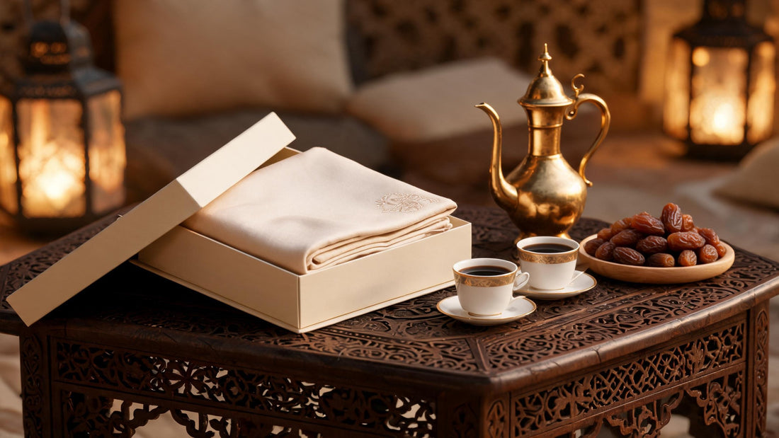 Open gift box with a folded cream pashmina ghutra on a carved majlis table beside a brass dallah, Arabic coffee, dates and lanterns