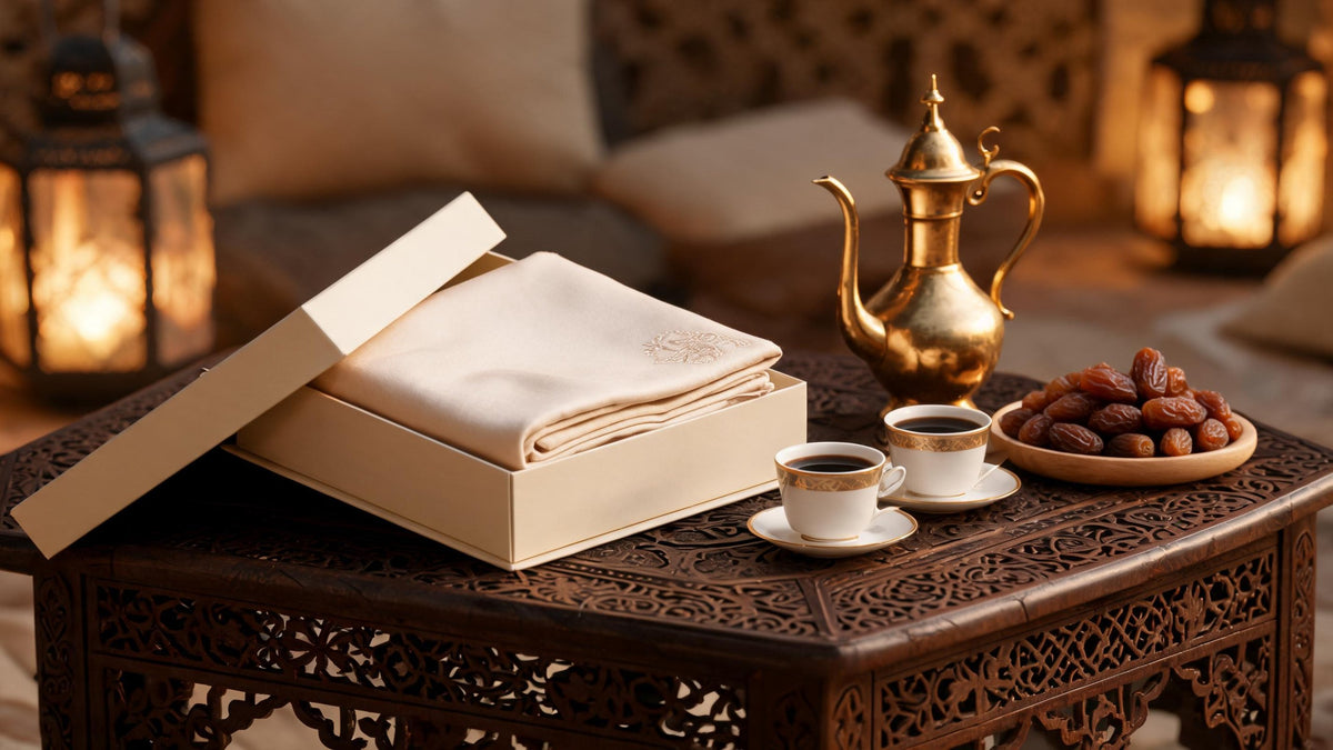 Open gift box with a folded cream pashmina ghutra on a carved majlis table beside a brass dallah, Arabic coffee, dates and lanterns