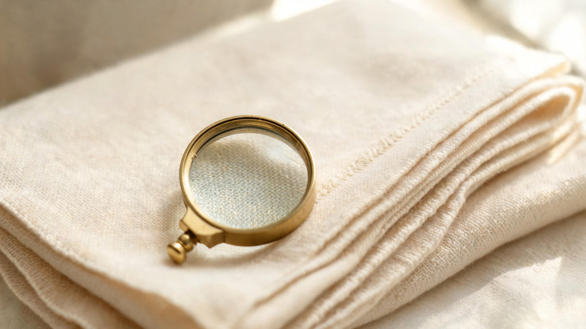 Brass loupe magnifying the weave of a folded fine cream pashmina