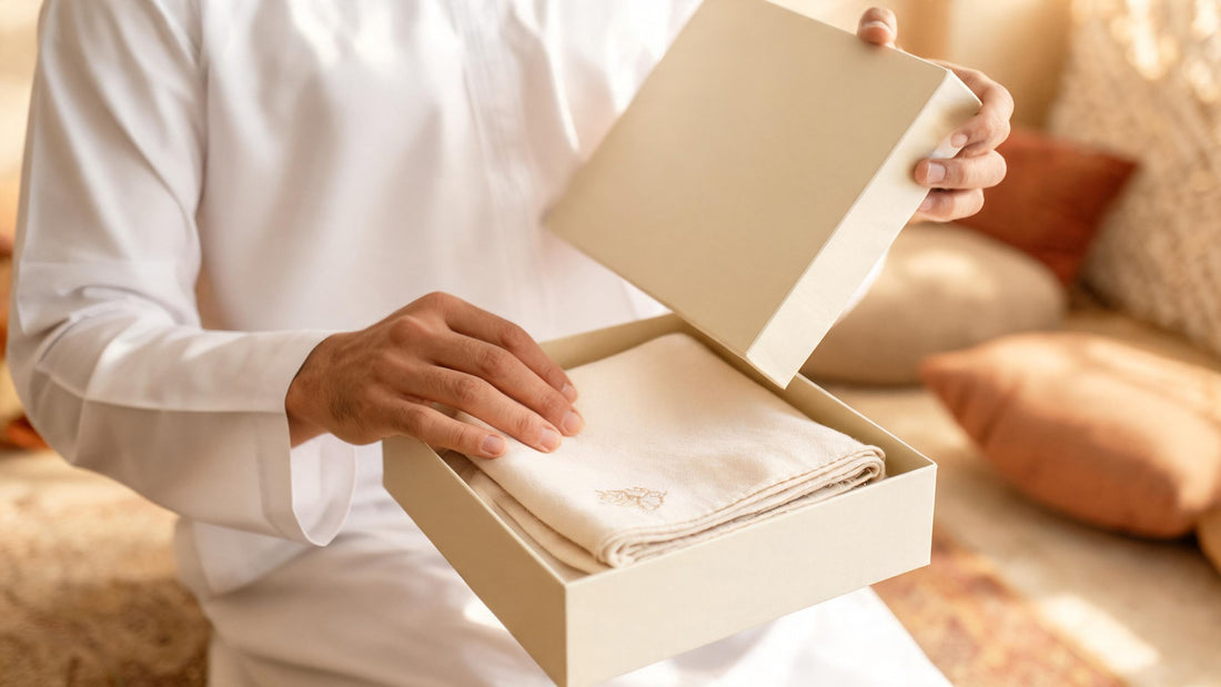 Man in a white thobe opening a cream gift box holding a folded cream pashmina ghutra with a small embroidered corner
