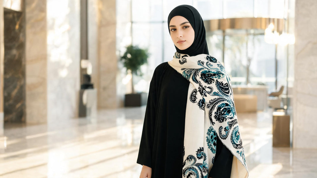 Young woman in a black hijab and abaya wearing an ivory stole with black and teal paisley draped over one shoulder in a marble lobby