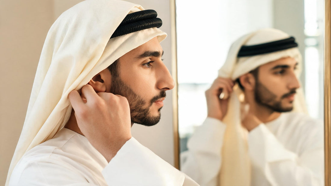 Young man in a white thobe adjusting a cream pashmina ghutra and black agal in a mirror