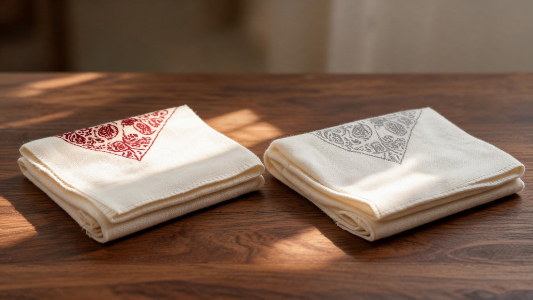 Two folded cream pashmina ghutras on a walnut table, one with a dense crimson embroidered corner and one with a fine grey embroidered corner
