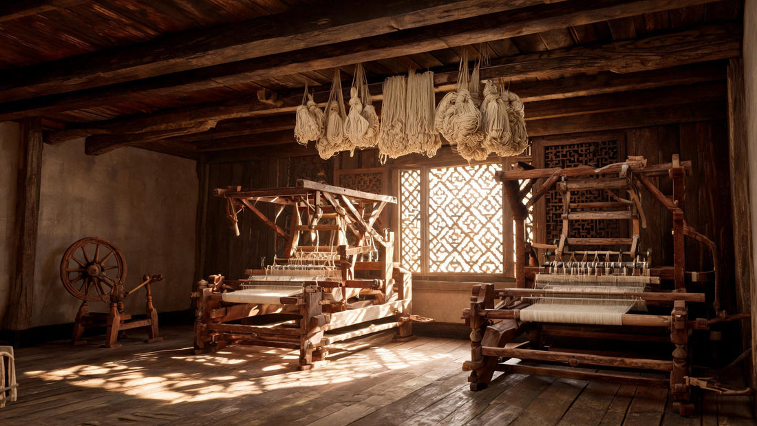 Old Kashmiri weaving workshop with two wooden handlooms, hanging skeins of cream yarn and a spinning wheel