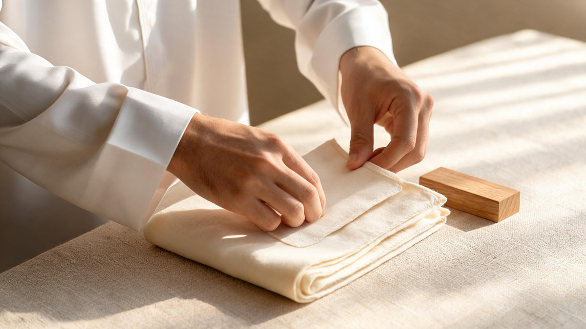Man in a white thobe folding a fine cream pashmina ghutra on a linen-covered table beside a cedar block