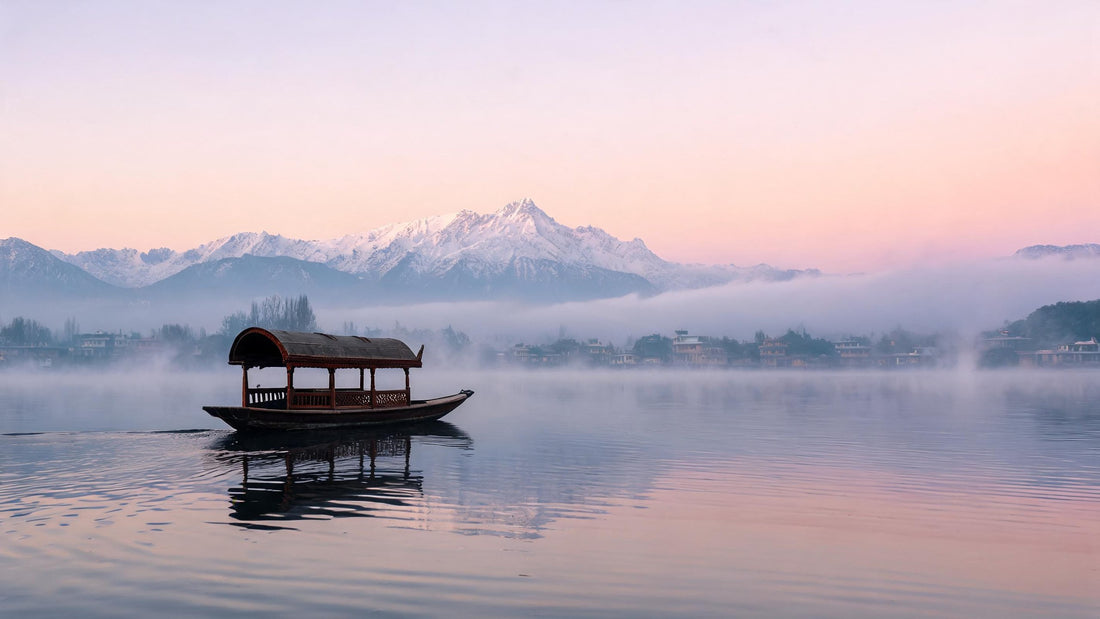 Wooden shikara boat on Dal Lake in Kashmir at dawn, with mist and snow-capped mountains