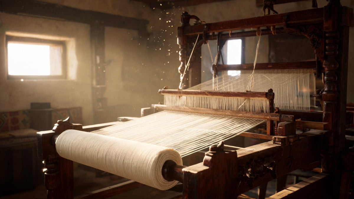 Wooden handloom in a Kashmiri workshop with fine cream warp threads and woven cloth wound on the front roller