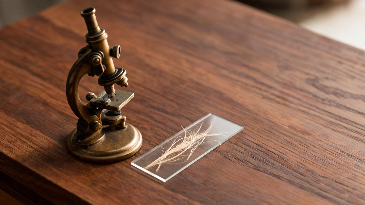 Vintage brass microscope beside fine cream fibres on a glass slide on a walnut desk
