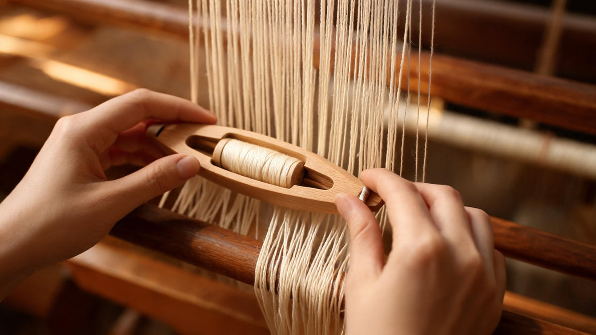 Weaver's hands passing a wooden shuttle through fine cream warp threads on a handloom