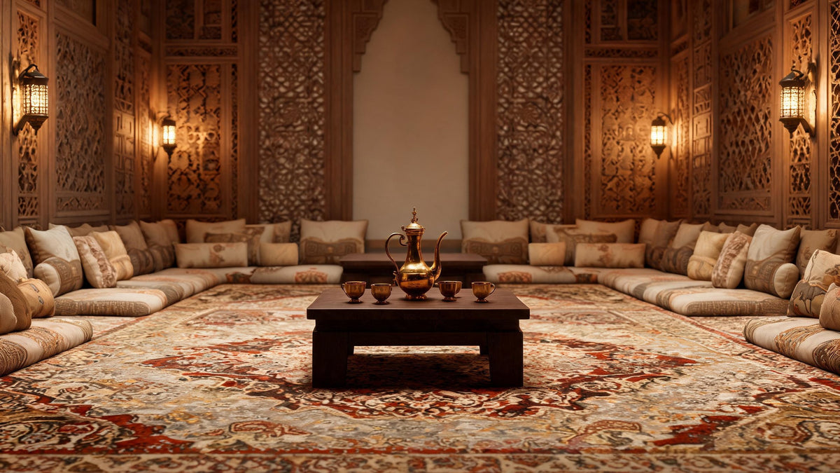 Gulf majlis with low cushioned seating, carved wooden screens, lanterns and a brass dallah on a low table