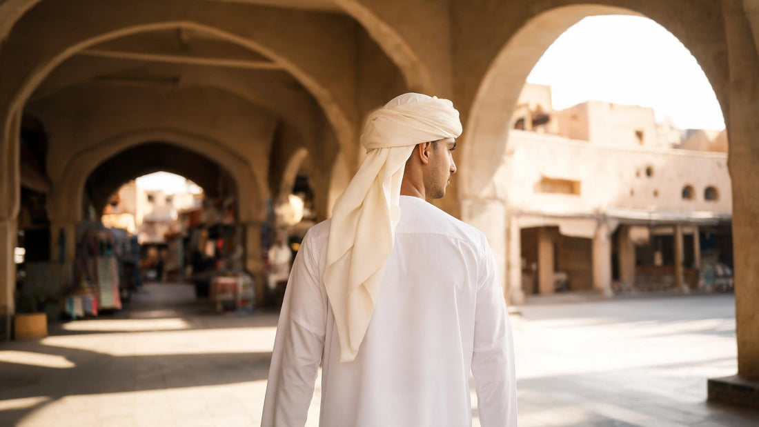 Young man in a white thobe with a cream ghutra wrapped against the heat, walking through a shaded souk arcade at midday