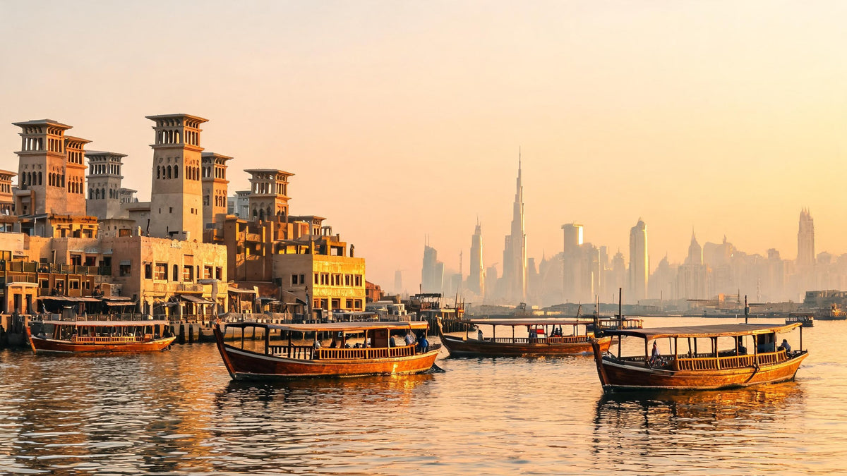 Wooden abra boats on Dubai Creek at golden hour, with old wind towers and the modern skyline beyond