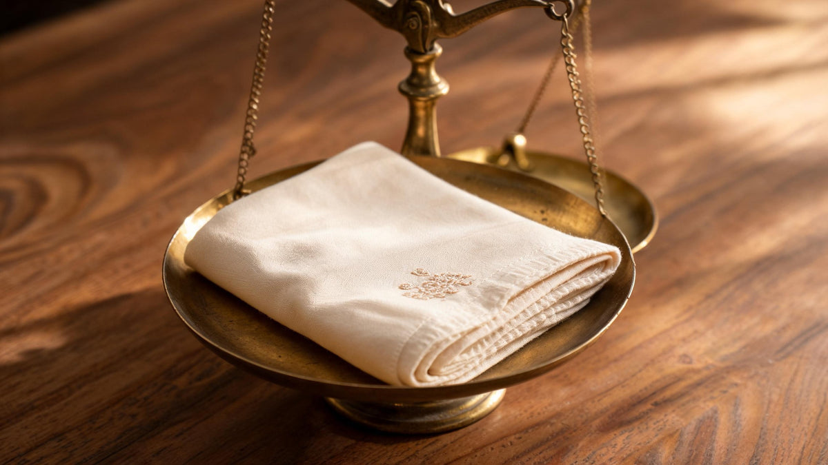 Folded fine cream pashmina ghutra with an embroidered corner resting on the pan of an antique brass balance scale