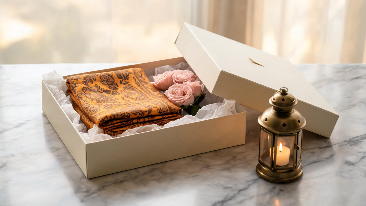 Open cream gift box with a folded saffron paisley shawl, pale pink roses and a brass lantern on a marble table
