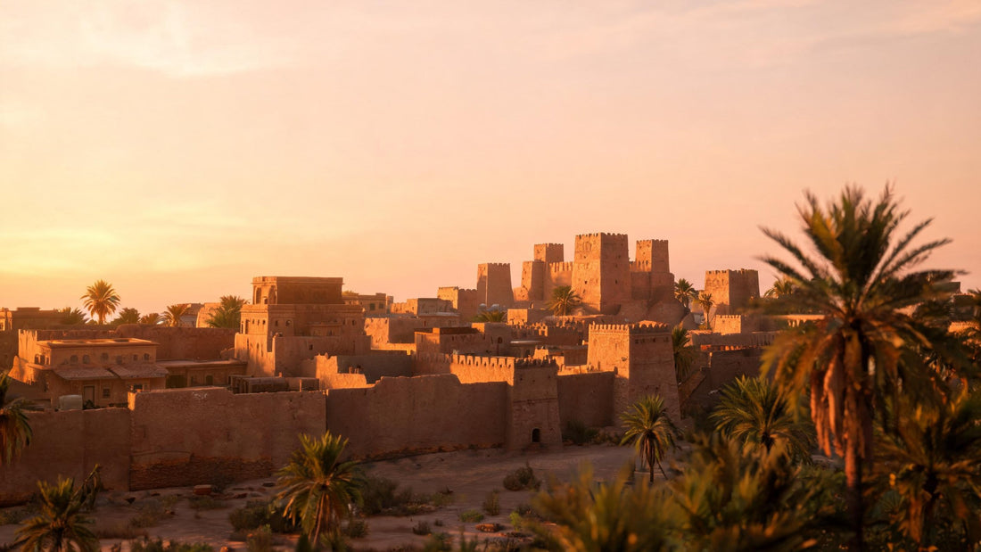 Mud-brick towers and walls of historic Diriyah near Riyadh at golden hour, framed by palm trees