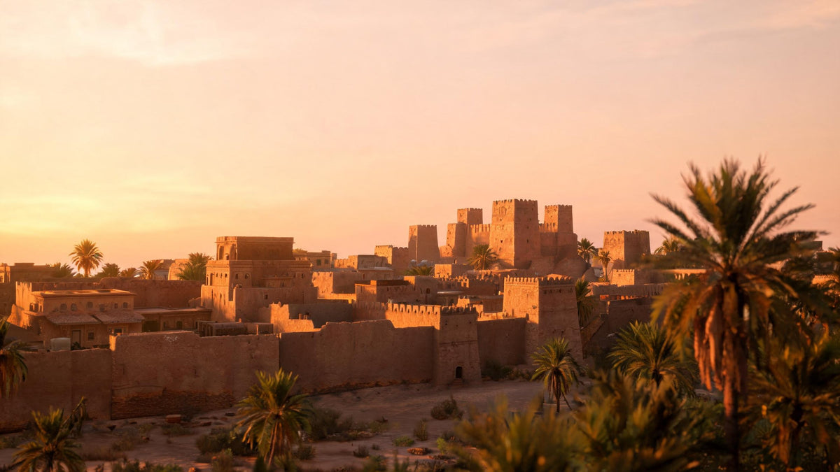 Mud-brick towers and walls of historic Diriyah near Riyadh at golden hour, framed by palm trees