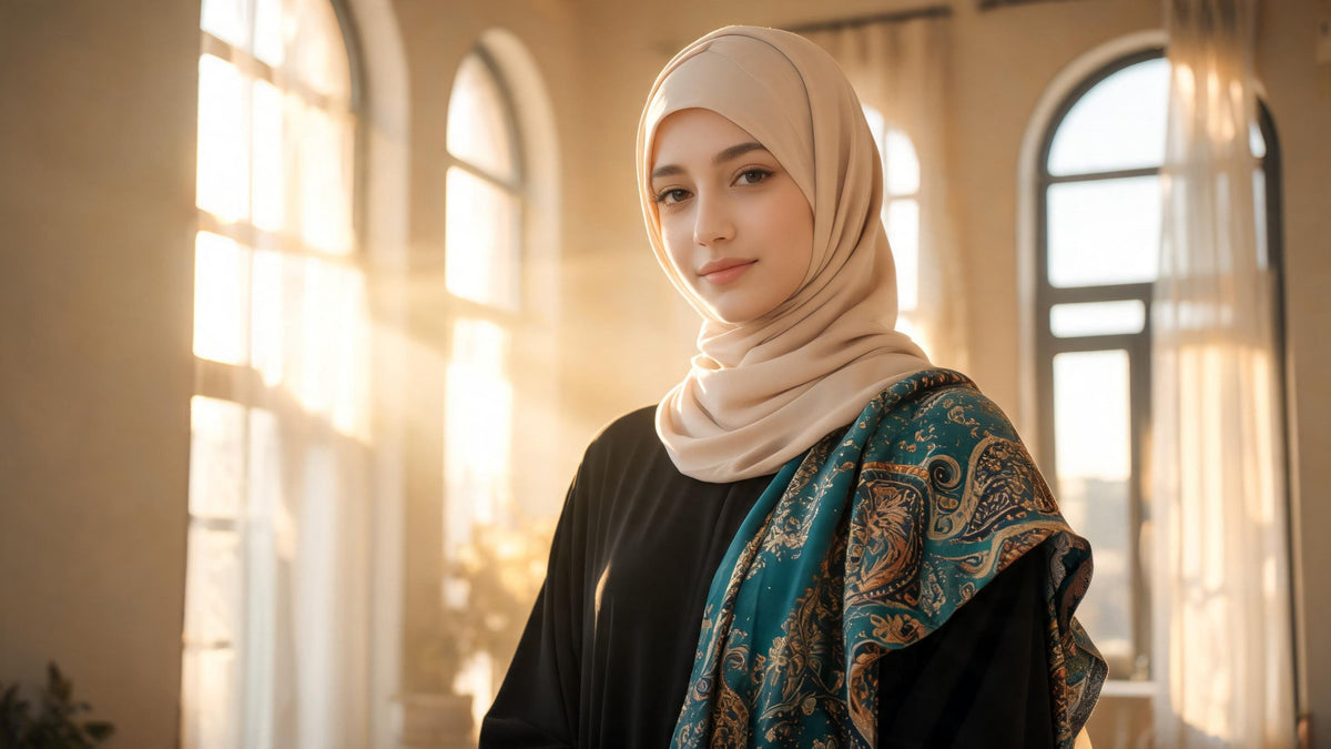 Young woman in a beige hijab and black abaya with a teal paisley shawl over one shoulder in a sunlit room with arched windows