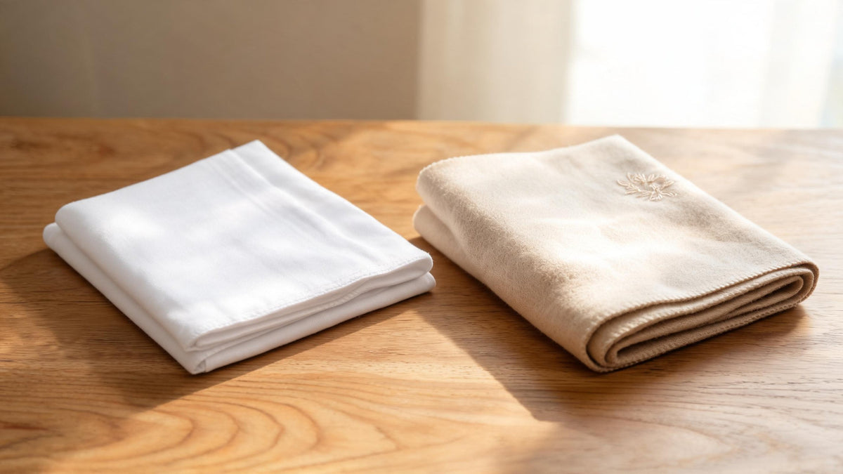 A folded crisp white cotton ghutra beside a folded cream pashmina ghutra with a small embroidered corner on a wooden table