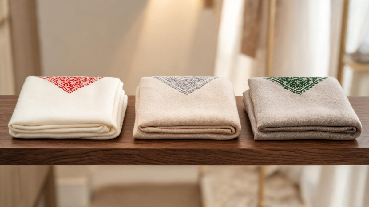 Three folded pashmina ghutras on a walnut shelf, cream with a red corner, oatmeal with a grey corner and greige with a green corner