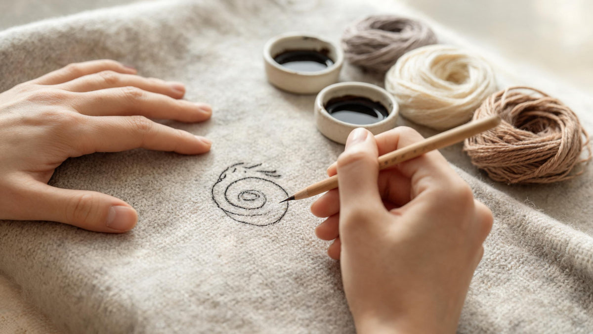 Artisan's hands drawing a paisley outline with a thin wooden pen on greige wool cloth, with ink pots and silk thread