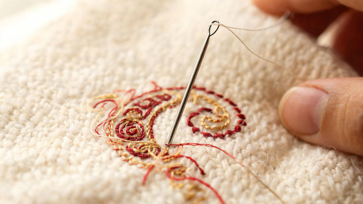 Needle drawing silk thread through cream wool beside a half-finished red and gold paisley embroidery