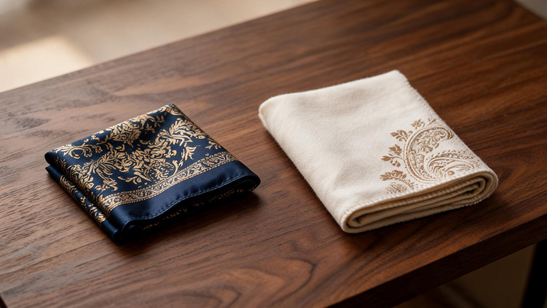 A folded navy and gold printed silk square beside a folded cream pashmina with a gold embroidered paisley corner on a walnut table