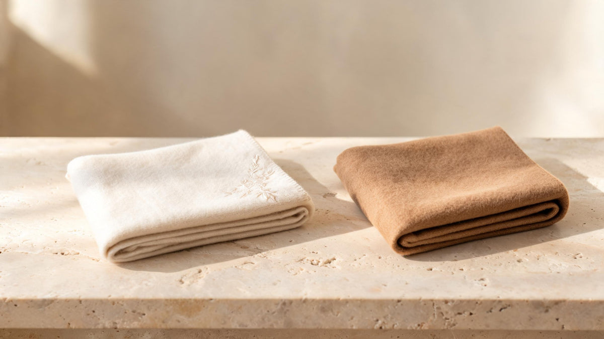 A folded cream pashmina with a small embroidered corner beside a folded camel cashmere stole on a travertine table