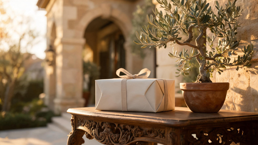 Wrapped cream gift box tied with linen ribbon on a carved wooden console by a villa doorway