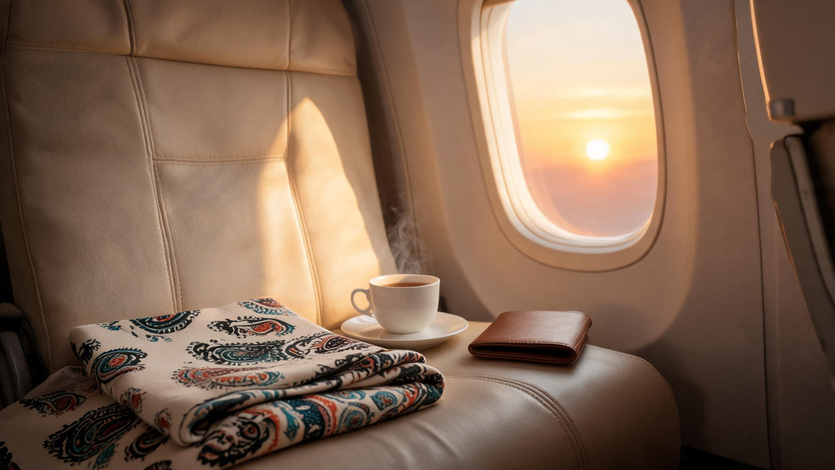 Ivory paisley stole folded on an airplane window seat beside a cup of tea at sunrise
