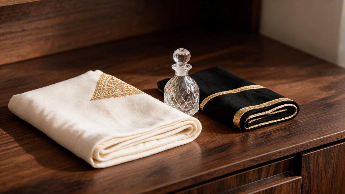 Folded cream pashmina ghutra with a gold embroidered corner beside a black bisht with gold trim and a crystal perfume bottle