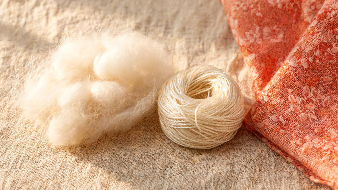 Soft wool fibre, a skein of silk thread and the corner of a coral floral shawl on linen