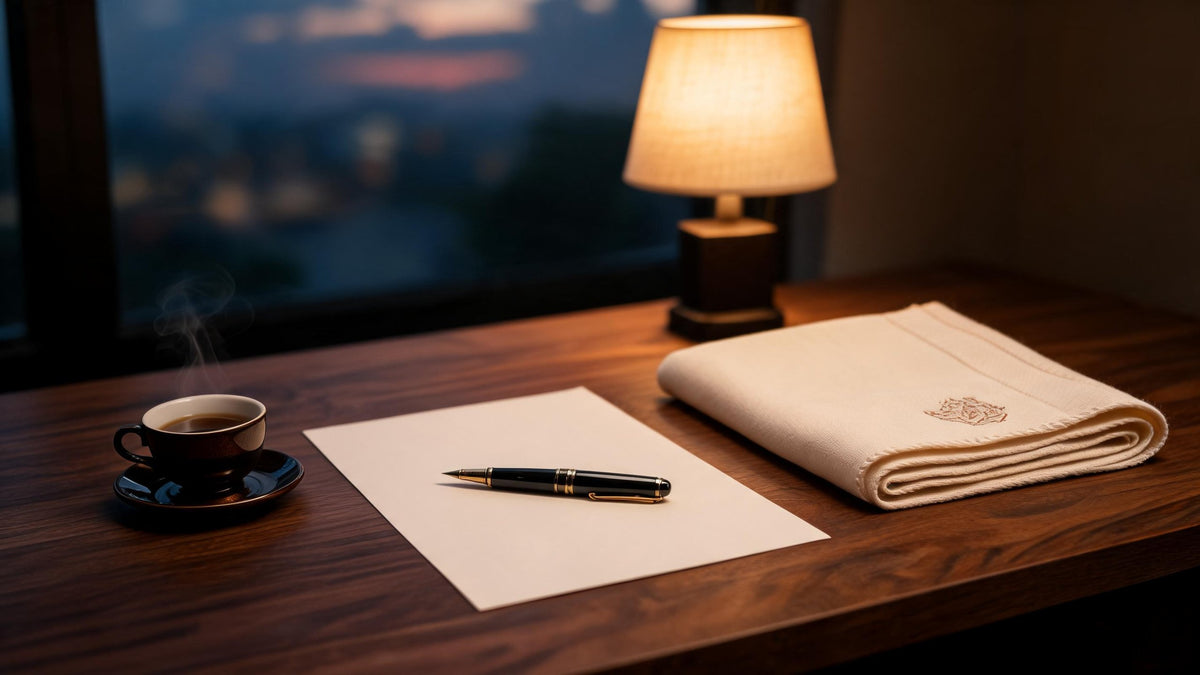 Walnut writing desk at dusk with a fountain pen on blank paper, a folded cream pashmina ghutra and a cup of Arabic coffee