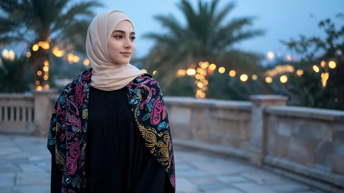 Young woman in a beige hijab and black abaya with a black paisley shawl over her shoulders on a terrace on a winter evening