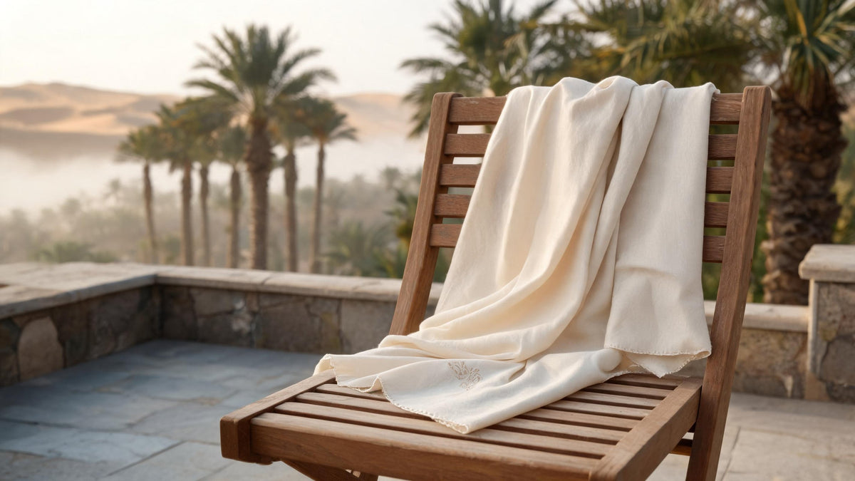 Fine cream pashmina ghutra draped over a wooden chair on a terrace overlooking date palms and desert on a winter morning