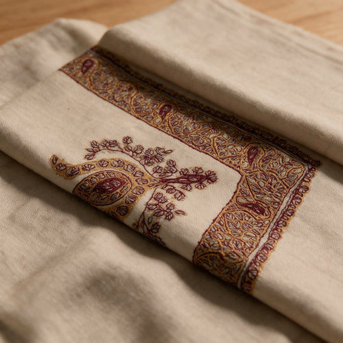 Anbari Kashmiri pashmina ghutra in natural ecru with gold and burgundy paisley sozni embroidery