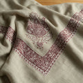 Sabah Kashmiri pashmina ghutra in natural ecru with plum mauve paisley sozni embroidery