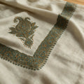 Sakeena Kashmiri pashmina ghutra in natural ecru with grey green teal paisley sozni embroidery
