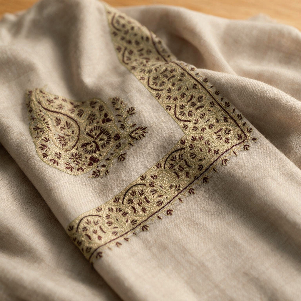 Nada Kashmiri pashmina ghutra in natural ecru with olive and dark brown paisley sozni embroidery