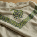 Murj Kashmiri pashmina ghutra in natural ecru with green and blue paisley sozni embroidery