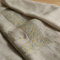 Dhabab Kashmiri pashmina ghutra in natural ecru with pale blue and gold paisley sozni embroidery