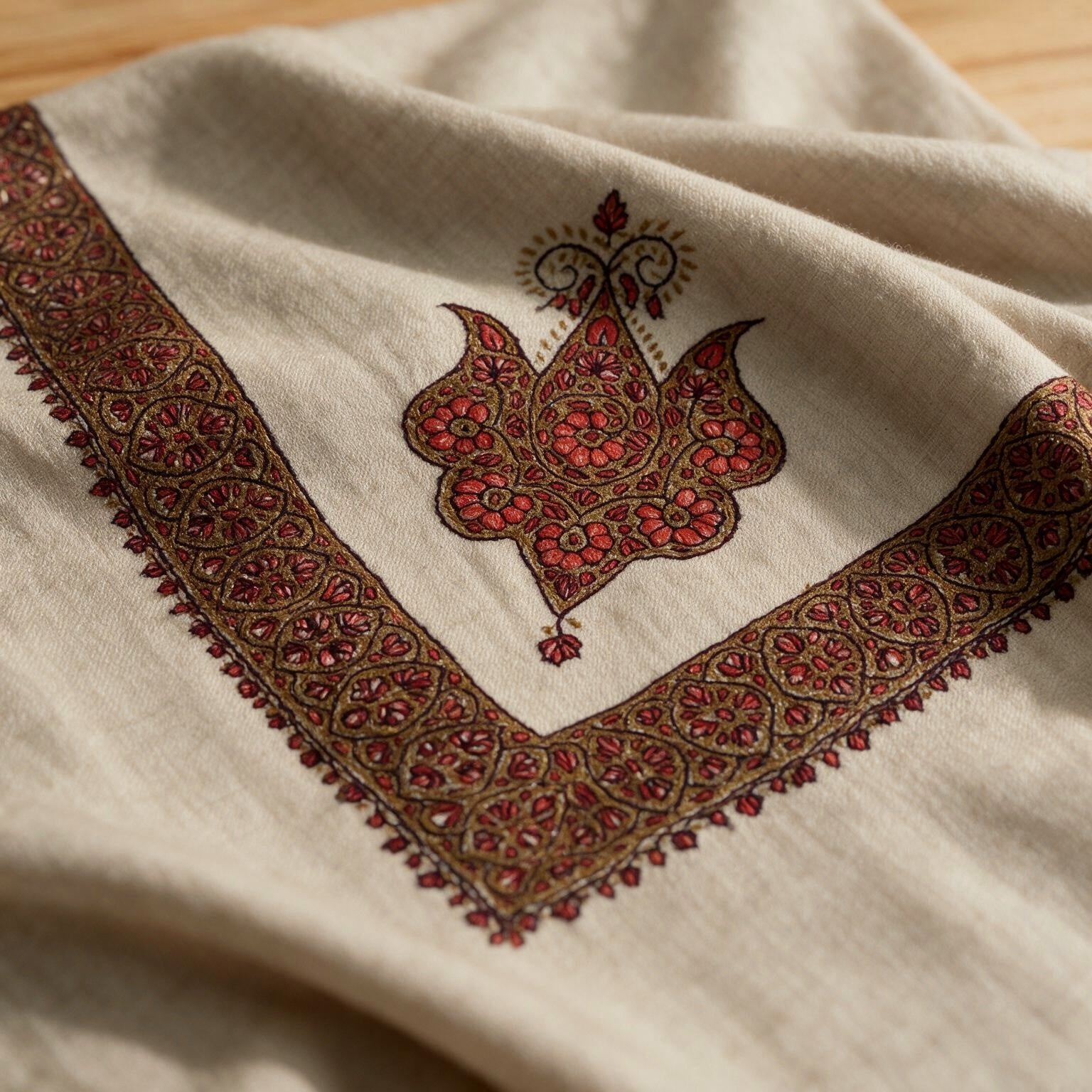 Qirmiz Kashmiri pashmina ghutra in natural ecru with bright crimson red paisley sozni embroidery