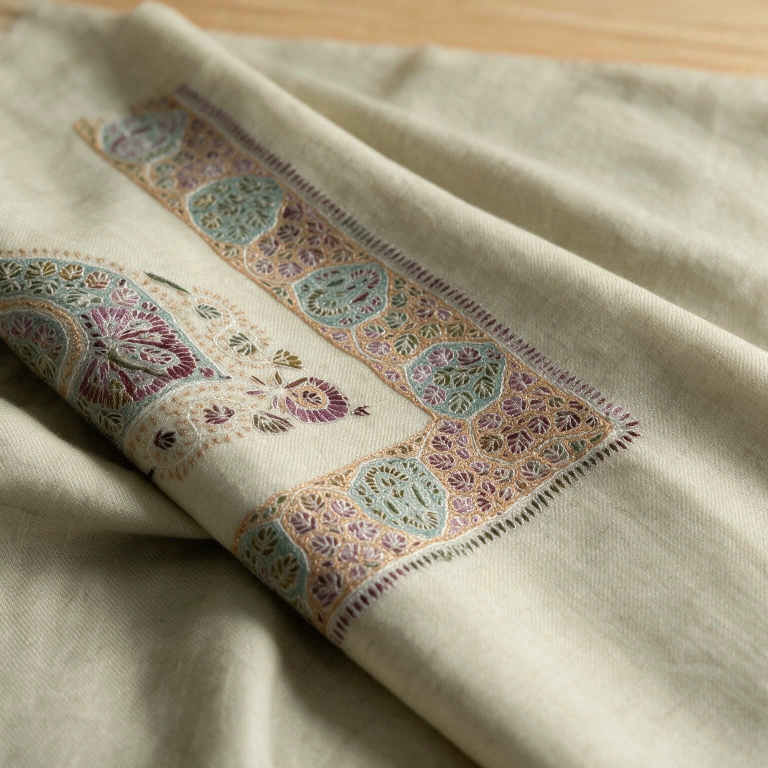 Banafsha Kashmiri pashmina ghutra in natural ecru with multicolour pastel paisley sozni embroidery