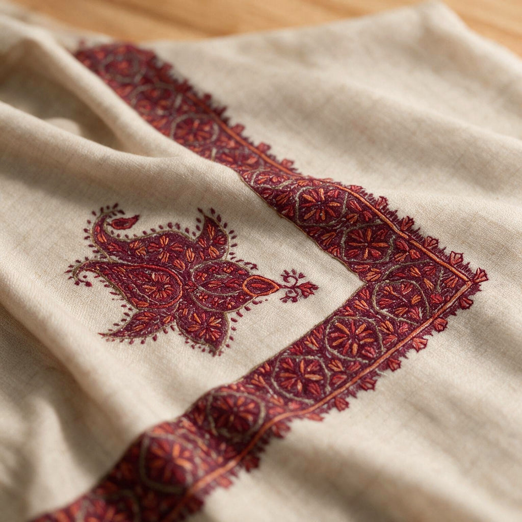 Yaqoot Kashmiri pashmina ghutra in natural ecru with deep crimson red paisley sozni embroidery