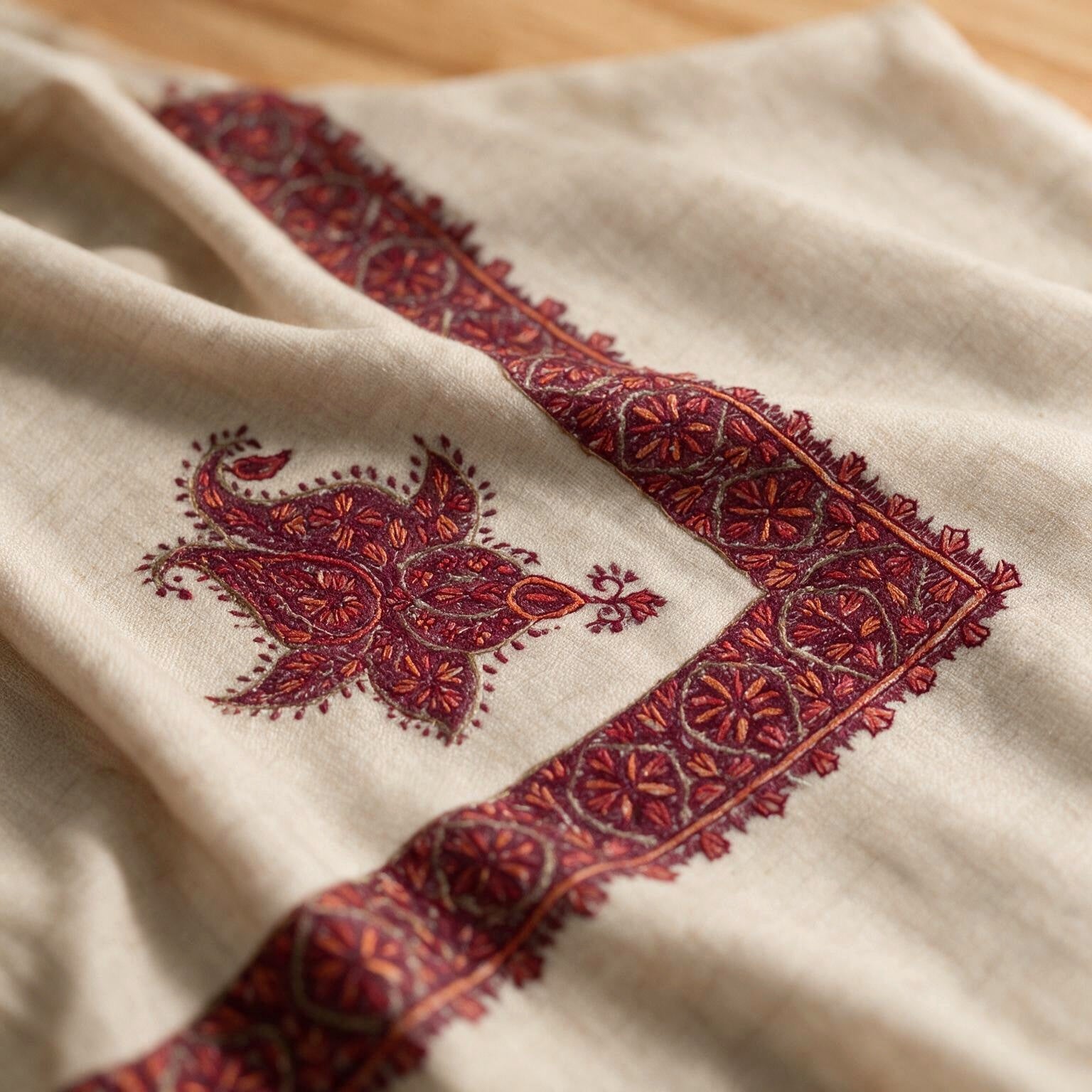 Yaqoot Kashmiri pashmina ghutra in natural ecru with deep crimson red paisley sozni embroidery