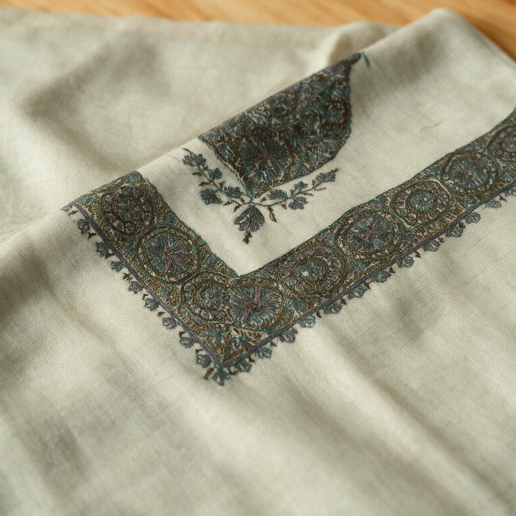 Lujain Kashmiri pashmina ghutra in natural ecru with grey green paisley sozni embroidery